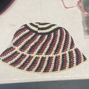 Anthropologie Striped Crochet Hat in Black, Red, and Cream